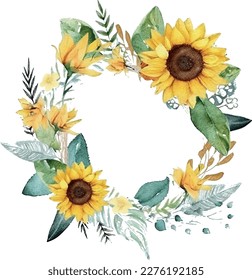 Vector Watercolor Sunflowers and leaves wreath in circle frame composition. Summer Wedding design