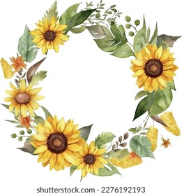 Vector Watercolor Sunflowers and leaves wreath in circle frame composition. Summer Wedding design