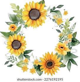 Vector Watercolor Sunflowers and leaves wreath in circle frame composition. Summer Wedding design