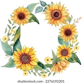 Vector Watercolor Sunflowers and leaves wreath in circle frame composition. Summer Wedding design