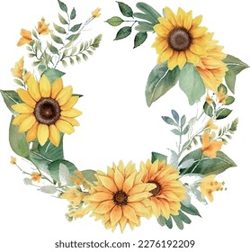 Vector Acuarela Los girasoles y las hojas flanquean en la composición del marco circular. Diseño de bodas de verano