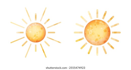 Vector Watercolor Suns Set.  Stylized cute illustration of sun, celestial bodies