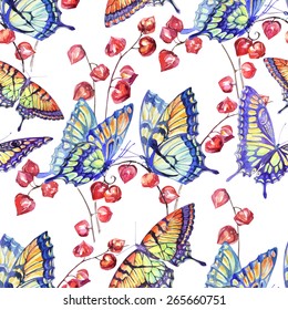 Vector Watercolor Swallowtail Butterfly with Red Flowers of Physalis. Seamless Pattern on the White Background 