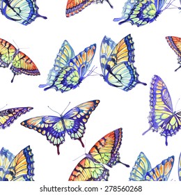 Vector Watercolor Swallowtail Butterfly. Seamless Pattern on the White Background 