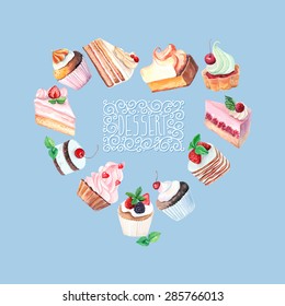 vector watercolor sweets card. It can be used for card, postcard, cover, invitation, wedding card, mothers day card, birthday card? menu