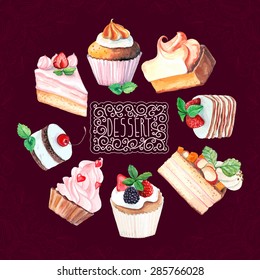 vector watercolor sweets card. It can be used for card, postcard, cover, invitation, wedding card, mothers day card, birthday card? menu