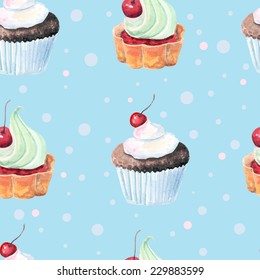 vector watercolor sweets seamless pattern. It can be used for wallpaper, fabric design, textile design, cover, wrapping paper, banner, card, background, menu 