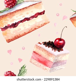 vector watercolor sweets seamless pattern. It can be used for wallpaper, fabric design, textile design, cover, wrapping paper, banner, card, background, menu 