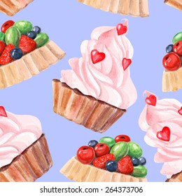 vector watercolor sweets seamless pattern. It can be used for card, postcard, cover, invitation, wedding card, mothers day card, birthday card, menu, recipe, textile design, wrapping paper