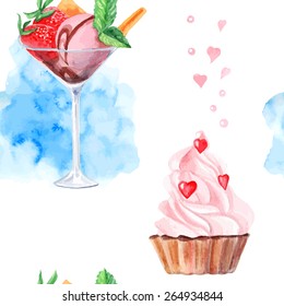 vector watercolor sweets seamless pattern. It can be used for card, postcard, cover, invitation, wedding card, mothers day card, birthday card.
