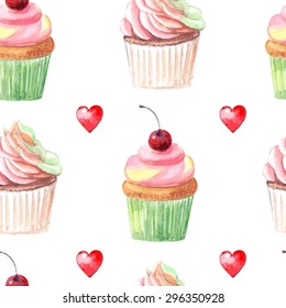 vector watercolor sweets seamless pattern. It can be used for card, postcard, cover, invitation, wedding card, mothers day card, birthday card.