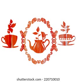 vector watercolor tea set with plants