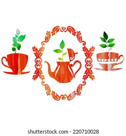 vector watercolor tea set with plants