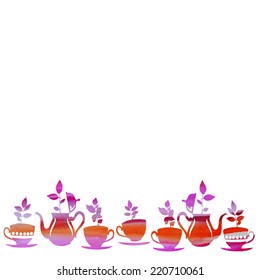 vector watercolor tea set with plants