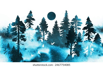 Plantilla de acuarela de Vector. Paisaje brumoso místico. Ilustración de la naturaleza dibujada a mano con el bosque de coníferas, pájaros, luna y lugar para texto.  Todos los Elementos y texturas son objetos individuales