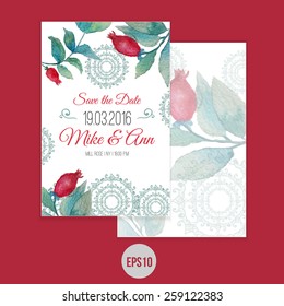 Vector watercolor template save the date with ornament, leaves and berries.  Artistic vector design for banners, greeting cards,sales, posters.