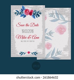 Vector watercolor template save the date with floral frame, leaves. Artistic vector design for banners, greeting cards,sales, posters. 