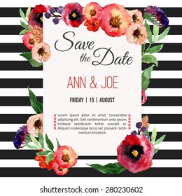 Vector watercolor template save the date with floral frame, leaves. Artistic vector design for banners, greeting cards,sales, posters