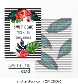 Vector watercolor template save the date with tropic floral frame, leaves. Artistic vector design for banners, greeting cards,sales, posters