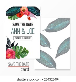 Vector watercolor template save the date with tropic floral frame, leaves. Artistic vector design for banners, greeting cards,sales, posters