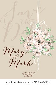 Vector watercolor template save the date with tropic floral frame, leaves. Artistic vector design for banners, greeting cards,sales, posters