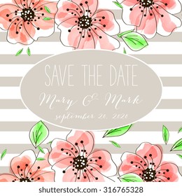 Vector watercolor template save the date with tropic floral frame, leaves. Artistic vector design for banners, greeting cards,sales, posters