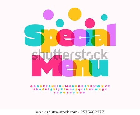 Vector Watercolor template Special Menu for Cafe, Market. and Shop. Transparent Creative Font. Colorful Alphabet Letters and Numbers set. 