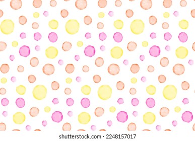 Textura de acuarela vectorial. Los círculos de Aquarelle son de colores pastel. Patrón sin foco. Las manchas color agua rosa y amarillo aisladas en un fondo blanco.