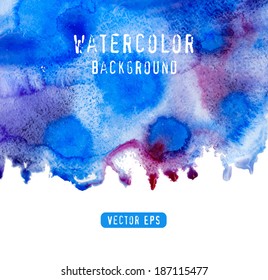 Vector watercolor texture. Blue grunge paper template. Water. Wet paper. Blobs, stain, paints blot. Marine theme. Can be used for scrapbooking, cards, invitation, banners.