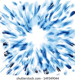 Vector watercolor texture.  Brushstroke from center to edges, grunge paper template with empty space for your message. Blue drops. Blobs, stain, paints blot. Composition for scrapbook. Backdrop. 