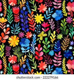 Vector watercolor texture with flowers and plants. Floral ornament. Original flowers on black background