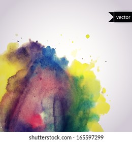 Vector watercolor texture. Grunge paper template. Wet paper. Banner. Blobs, stain, paints blot. Backdrop for scrapbook elements with space for text. Watercolor composition.