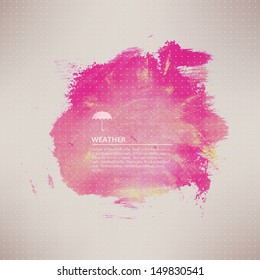 Vector watercolor texture. Pink grunge paper template. Water. Wet paper. Blobs, stain, paints blot.  Composition for scrapbook elements. Brushstrokes. Banner.