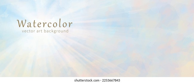 Vector watercolor texture with white clouds, blue sky and sun for cards, flyer, poster, banner and cover design. Hand drawn vector texture. Heaven. Summer watercolour banner. Template for design.