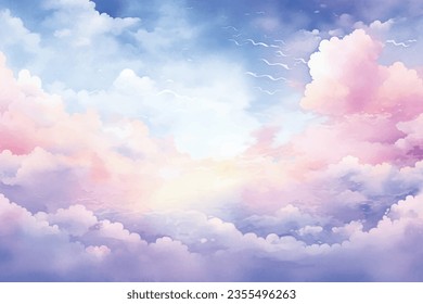 Vector watercolor texture with white clouds and blue sky for cards. Hand drawn vector texture. Plane sky view with stars and sunset. Heaven. Summer watercolour banner. Template for design.