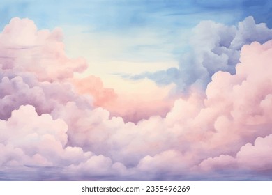 Vector watercolor texture with white clouds and blue sky for cards. Hand drawn vector texture. Plane sky view with stars and sunset. Heaven. Summer watercolour banner. Template for design.