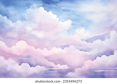 Vector watercolor texture with white clouds and blue sky for cards. Hand drawn vector texture. Plane sky view with stars and sunset. Heaven. Summer watercolour banner. Template for design.