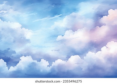 Vector watercolor texture with white clouds and blue sky for cards. Hand drawn vector texture. Plane sky view with stars and sunset. Heaven. Summer watercolour banner. Template for design.