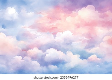 Textura de acuarela vectorial con nubes blancas y cielo azul para las cartas. Textura vectorial dibujada a mano. Vista aérea con estrellas y puesta de sol. Cielo. Banner de color de agua de verano. Plantilla de diseño.