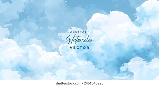 Vector watercolor texture with white clouds and blue sky for cards. Hand drawn vector texture. Heaven. Summer watercolour banner. Template for design.