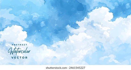 Vector watercolor texture with white clouds and blue sky for cards. Hand drawn vector texture. Heaven. Summer watercolour banner. Template for design.