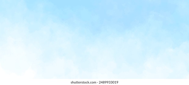 Vector watercolor texture with white clouds and blue sky for cards. Hand drawn vector texture. Heaven. Summer watercolour banner. Template for design. Blue abstract background.