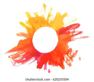 A vector watercolor textured frame in the colors of autumn, red and yellow. Abstract hand painted circle with a place for text on white background