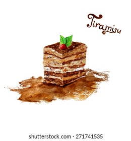 Vector watercolor tiramisu cake with leaves on it. EPS10.