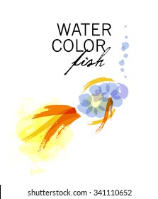 Vector watercolor transparent gold fish with water bubbles isolated on white background.