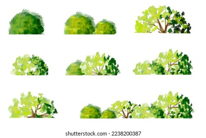 acuarela vectorial de la vista lateral del árbol aislada en fondo blanco para el dibujo de paisaje y arquitectura, elementos para el medio ambiente y el jardín, pintura botánica para sección y elevación 