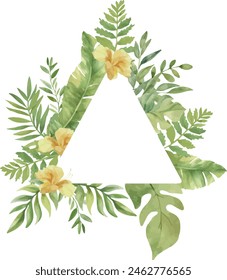 Vector Watercolor triangular frame with yellow flowers, monstera, palm leaves. Template space for text. Greeting cards, invitation, gender party, baby shower, birthday, event, holiday, wedding card.