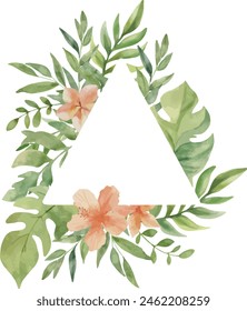 Vector Acuarela triangular marco tropical con hermosas flores, monstruos, hojas de palma. espacio de Plantilla para texto. Tarjetas de felicitación, invitación, fiesta de género, baby shower, cumpleaños, evento, vacaciones.