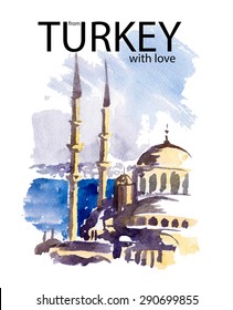 Vector watercolor trip illustration of Turkey cityscape with text place. Istanbul hand drawn picture. Travel postcard, print design. Beautiful view with ancient castle, buildings and sea on blue sky.