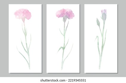 Tríptico de acuarela vectorial con claveles rosados. Tarjeta de tamaño europeo